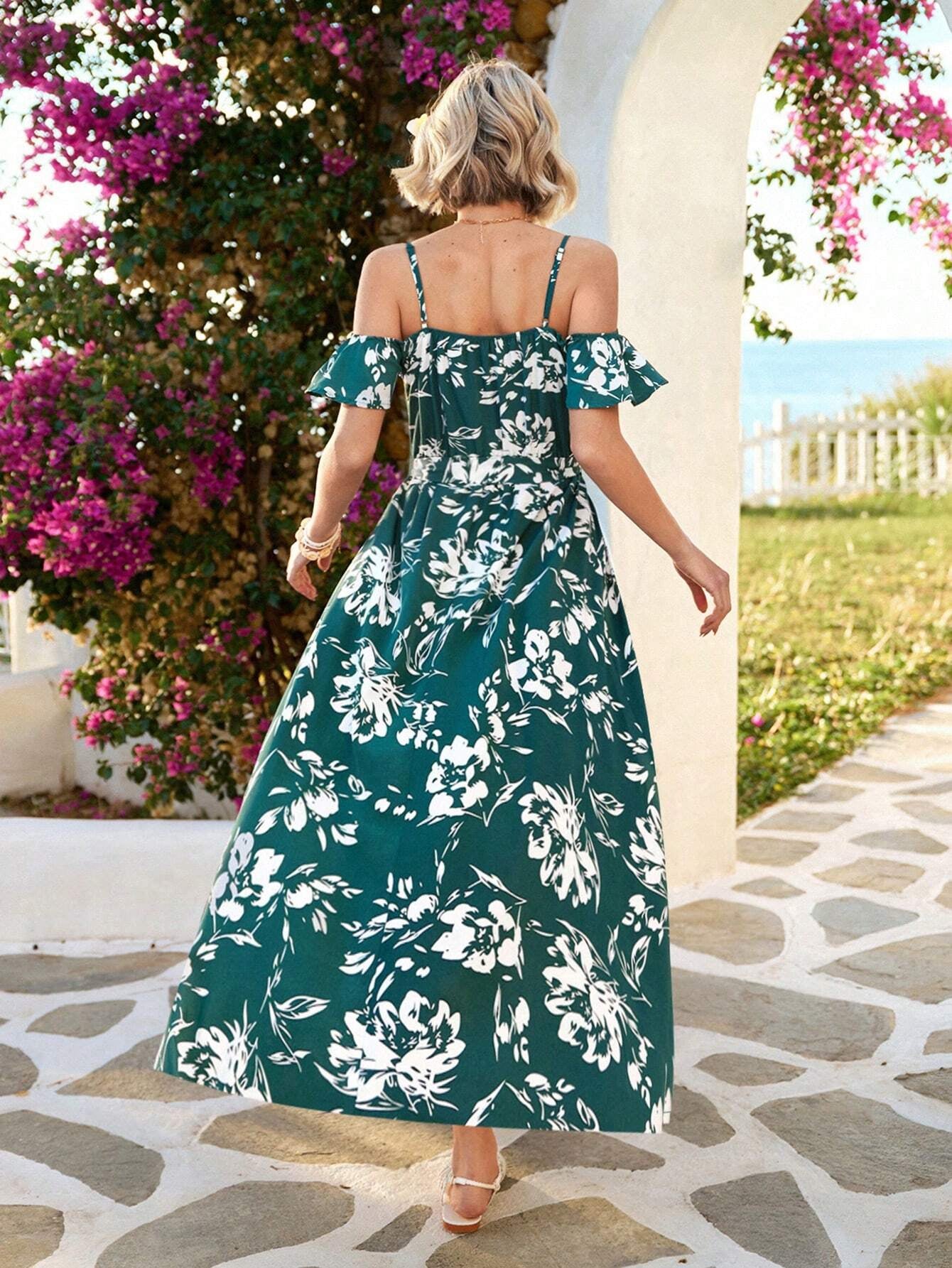 Vivid Eden Summer Woman Floral Print Cold Shoulder Wrap Hem Belted Dress,Vacation Style