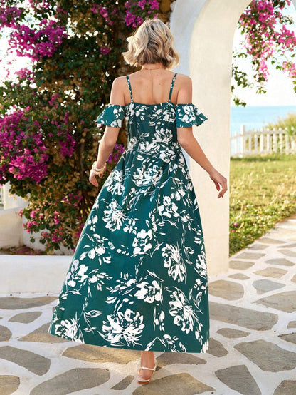 Vivid Eden Summer Woman Floral Print Cold Shoulder Wrap Hem Belted Dress,Vacation Style