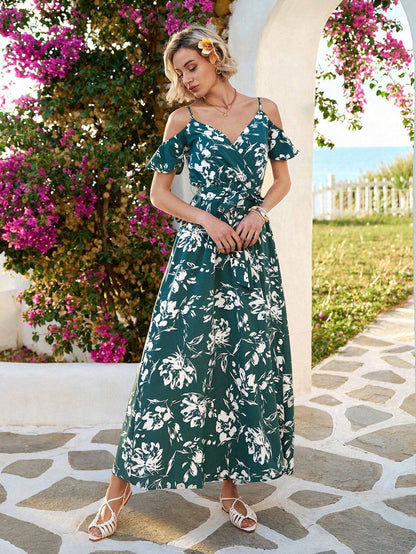 Vivid Eden Summer Woman Floral Print Cold Shoulder Wrap Hem Belted Dress,Vacation Style